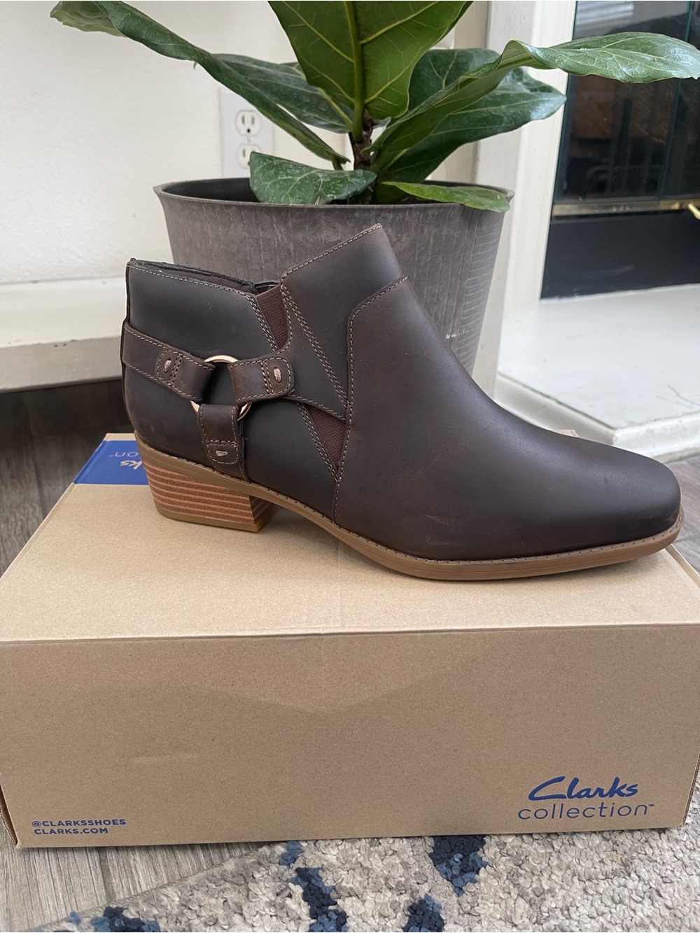 Clarks Dark Brown Leather Ankle Boot with Buckle Accent